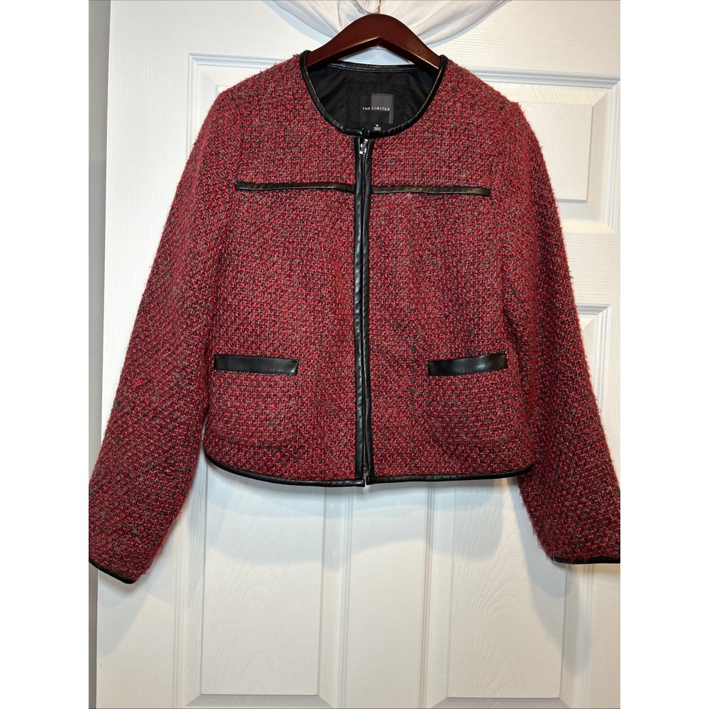 The Limited‎ Red & Black Tweed jacket Size Medium With Black Trim Full Zip